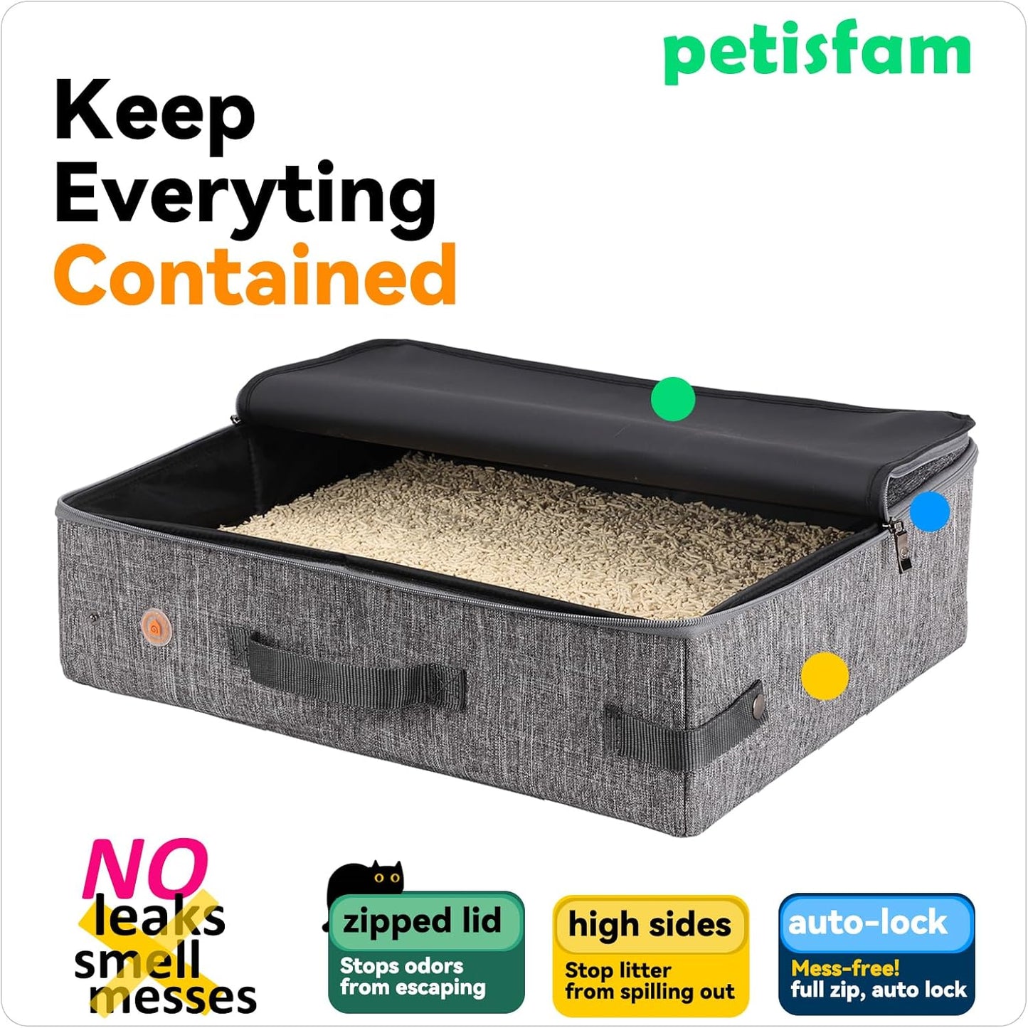 Petisfam Portable Cat Travel Litter Box. Easy Use in the Car. No Leakage, Smell and Messes. One-Handed Carrying for Road Trip, Hotel Stays, Car and Airplane