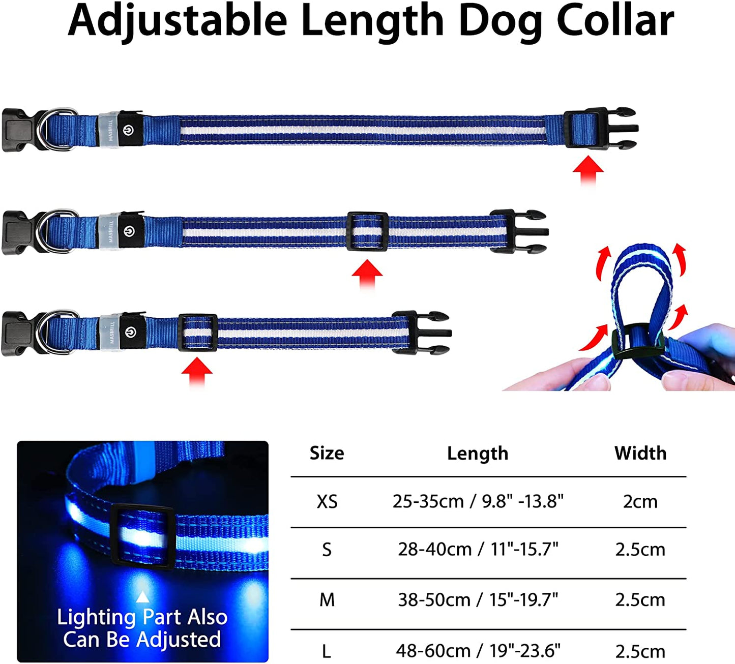 MASBRILL Led Dog Collar-Rechargeable Light up Dog Collars Water-Resistant Lighted Dog Collar Flashing Glowing Dog Collar Night Walking Collar for Dogs M(19.69 * 0.98Inch)