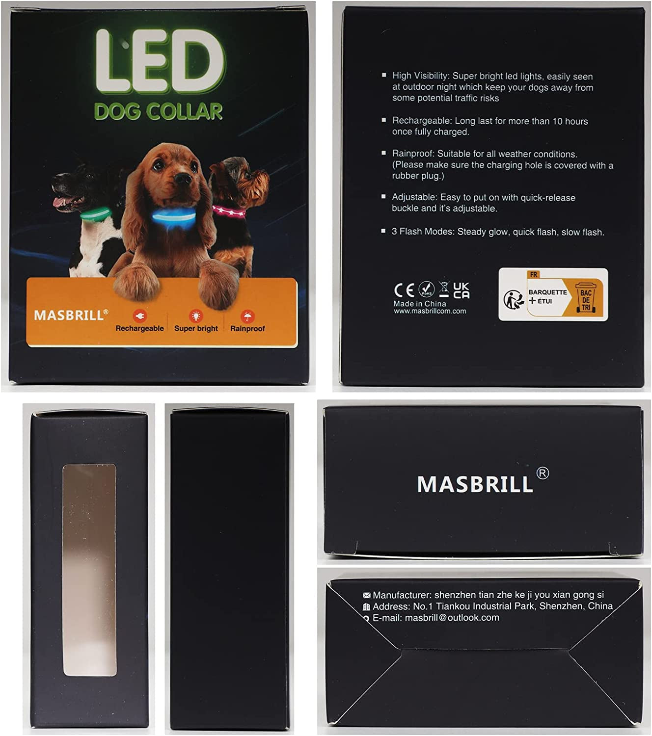 MASBRILL Led Dog Collar-Rechargeable Light up Dog Collars Water-Resistant Lighted Dog Collar Flashing Glowing Dog Collar Night Walking Collar for Dogs M(19.69 * 0.98Inch)