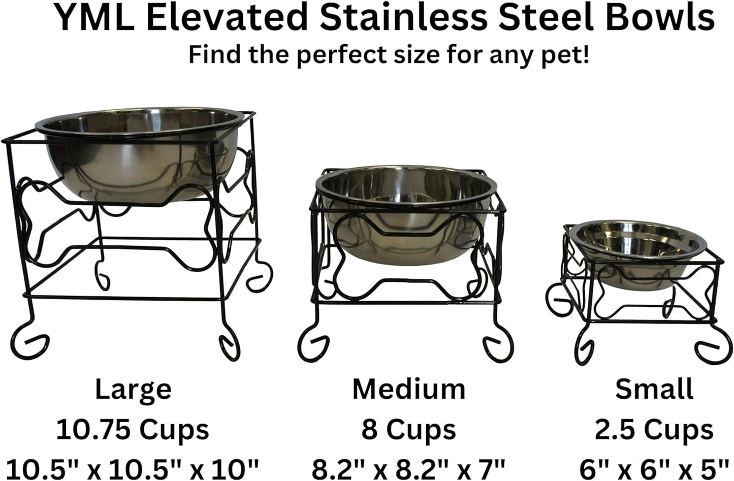 YML Elevated Stainless Steel Dog & Cat Bowl with Black Wrought Iron Stand, 10-Inch (10.75 Cups)