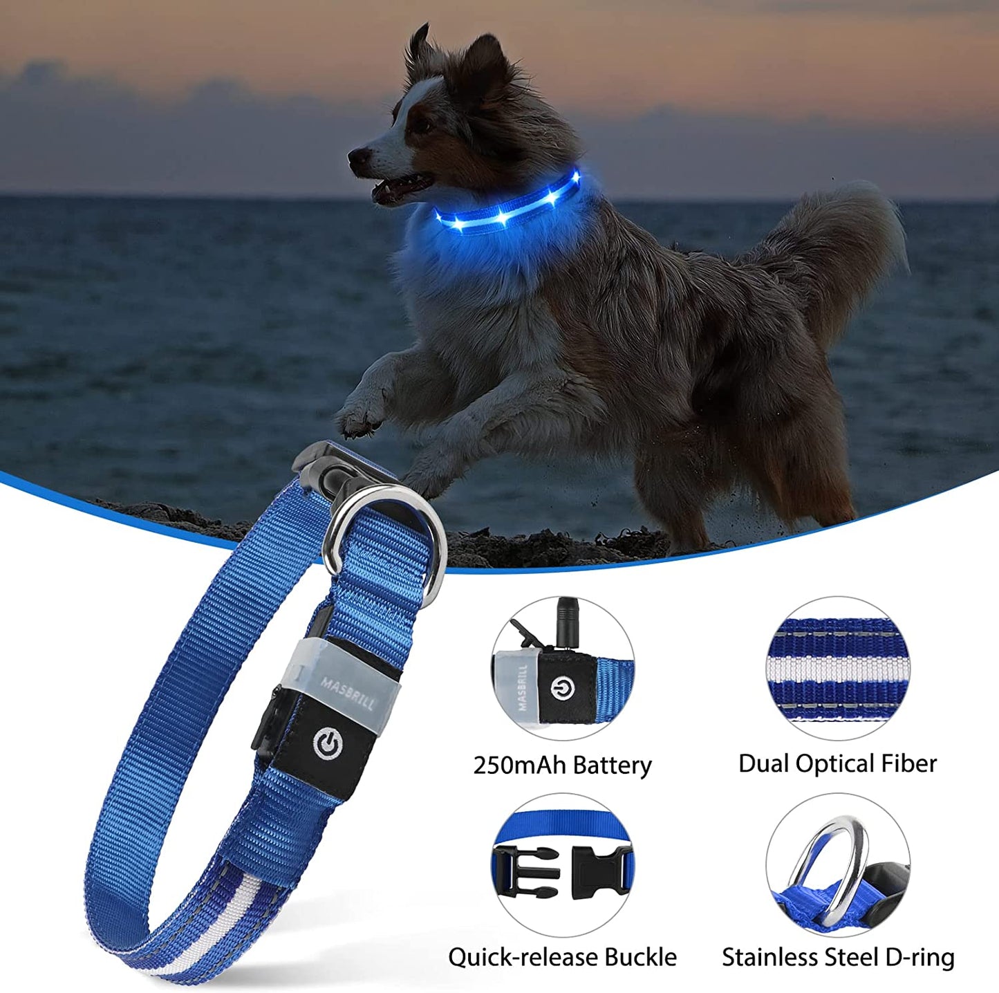 MASBRILL Led Dog Collar-Rechargeable Light up Dog Collars Water-Resistant Lighted Dog Collar Flashing Glowing Dog Collar Night Walking Collar for Dogs M(19.69 * 0.98Inch)