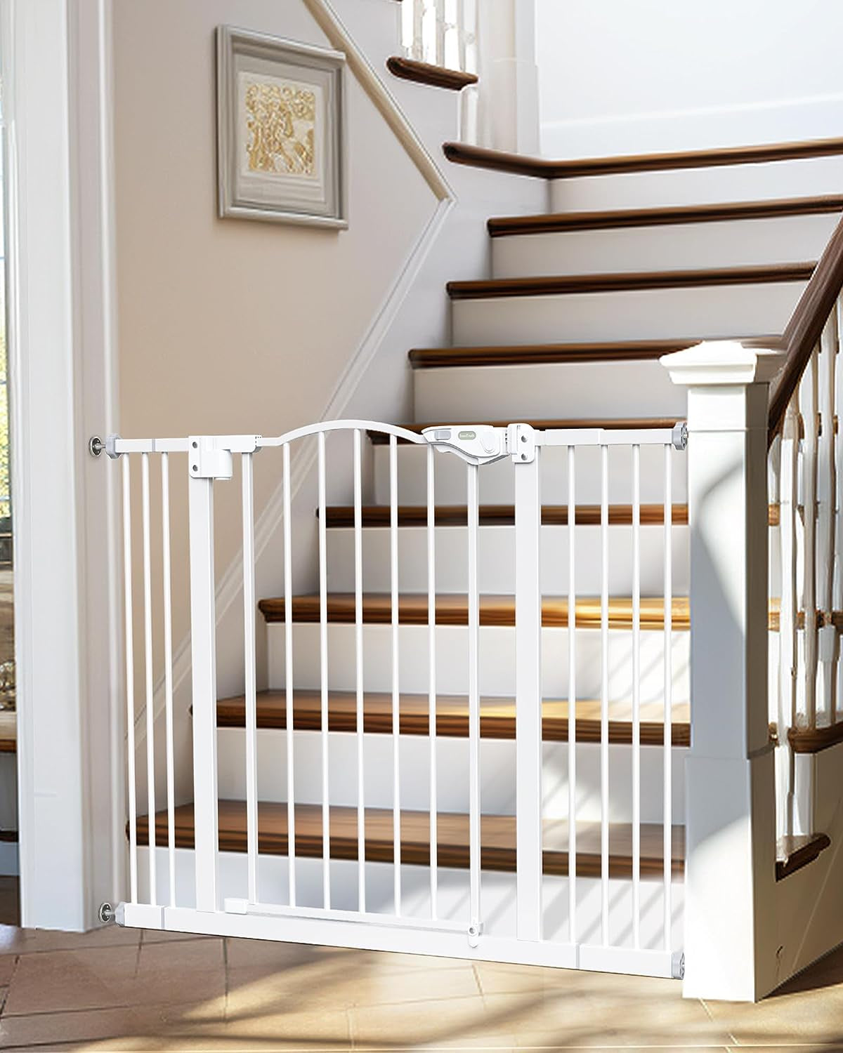 Innotruth 29-39.6" Baby Gate for Stairs, Auto Close Both Sides Dog Gate with One-Hand Opening, 30" Tall Safety Gates for Pets, Hallways, Bedrooms, Wall Pressure Mount No Drill, White