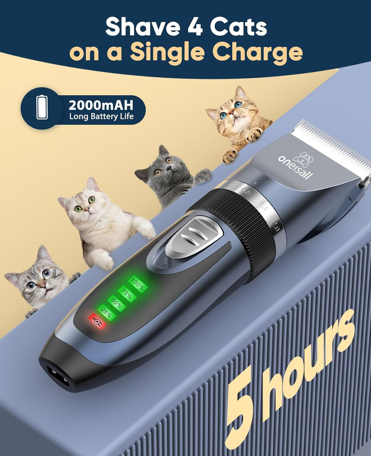 Ooneisall Quiet Cat Clippers for Matted & Long Hair, 2-Speed Cordless Pet Shaver Grooming Kit for Cats, Small Dogs & Animals (Blue)