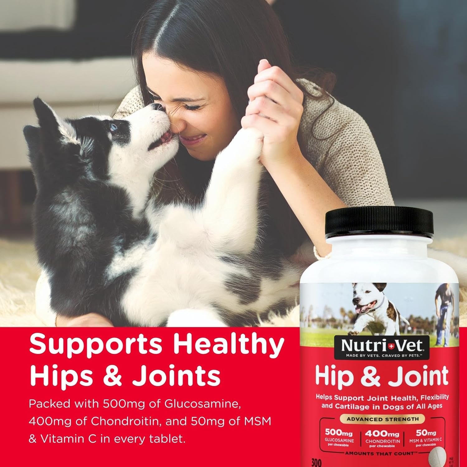 Nutri-Vet Advanced Strength Hip & Joint Chewable Dog Supplements - Formulated with Glucosamine & Chondroitin to Support Dog Cartilage & Mobility - 300 Tablets